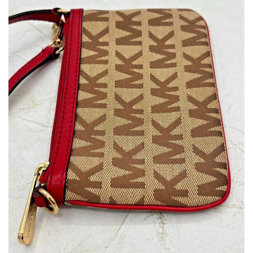 Michael Kors Jacquard Monagram Wristlet Mini Bag Red Leather Signature Lining - Picture 3 of 16